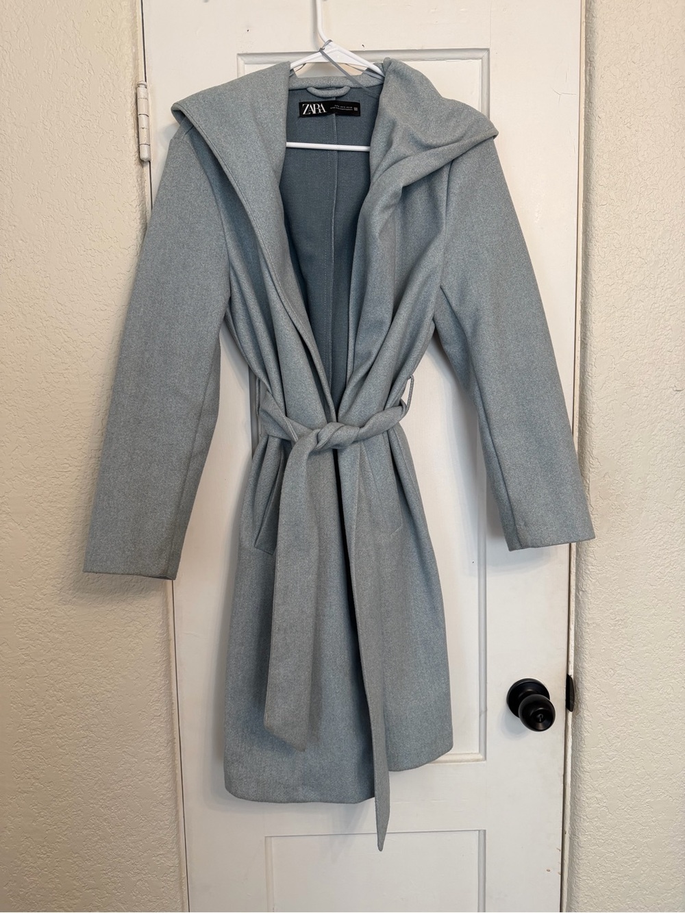 Zara Pale Blue Hooded Belted Trench Coat